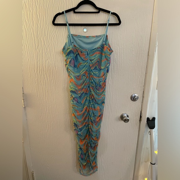 Wild Fable Blue Orange Yellow Swirl Rouched Mesh Maxi Dress Size XXL - Picture 6 of 9